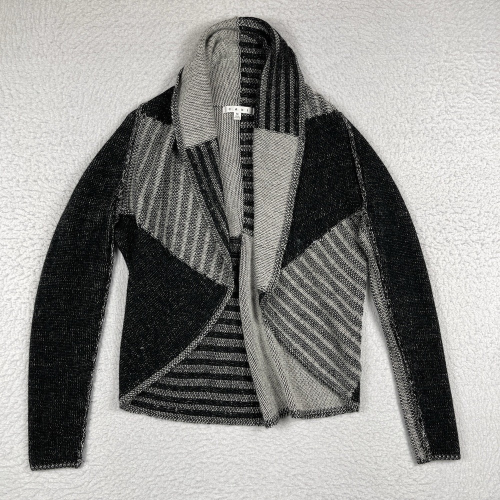 Cabi Sweater Womens Medium Black Gray Open Cardigan Cozy Casual Career Collared‎
